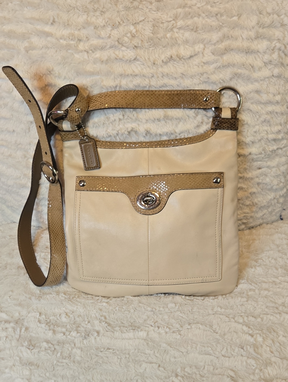 Coach Cream Leather Crossbody with Tan Snakeskin Trim